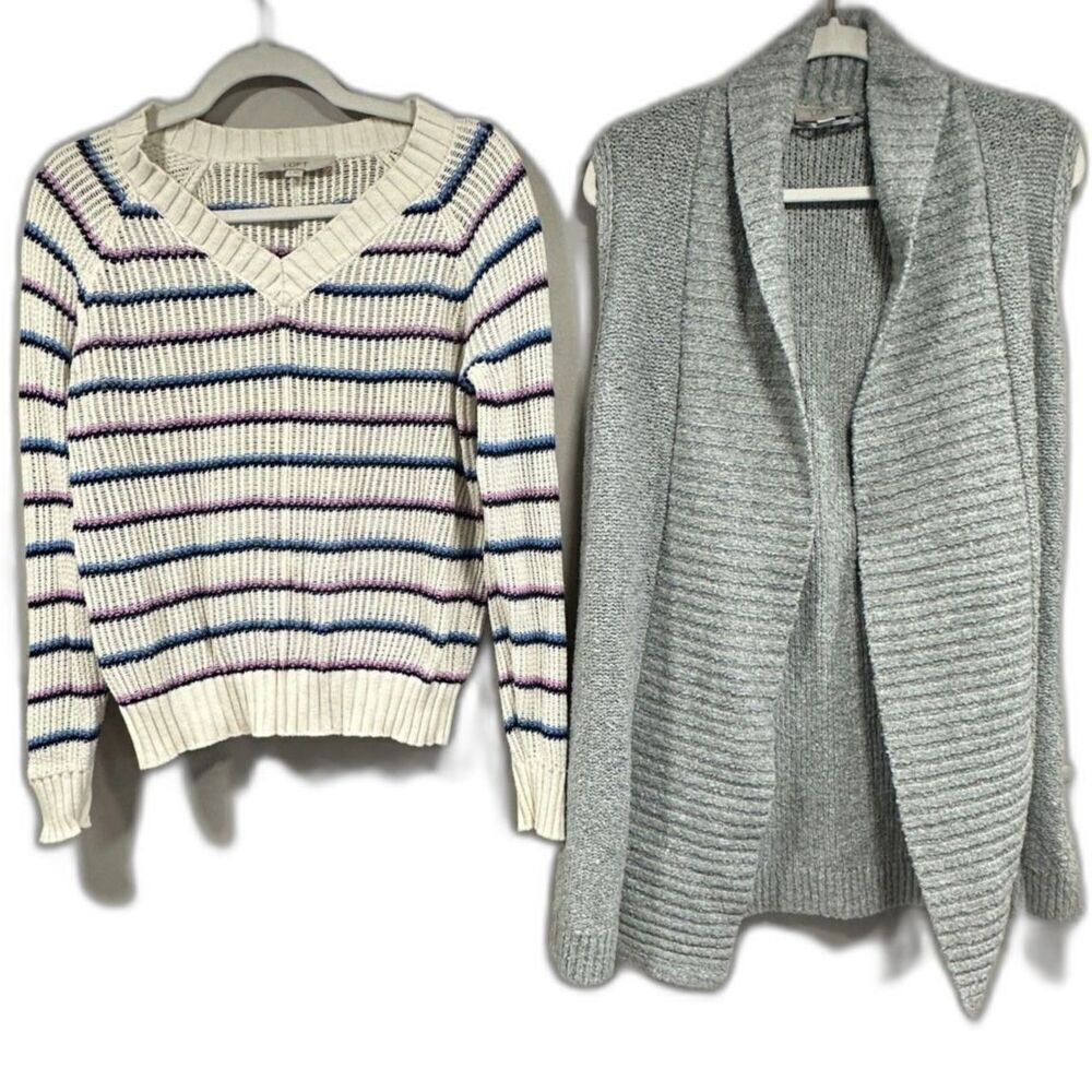 Loft Bundle: Striped V-Neck Sweater & Soft Grey Textured Vest - Small